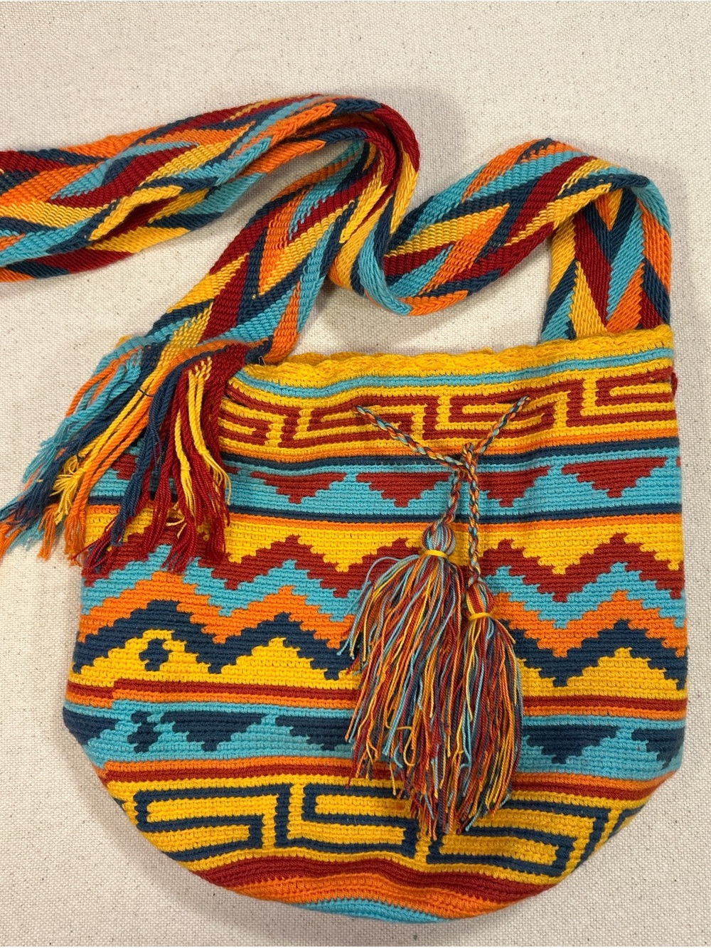 🪅 Mochila Bag - Handwoven Yellow & Teal Boho Bucket Bag